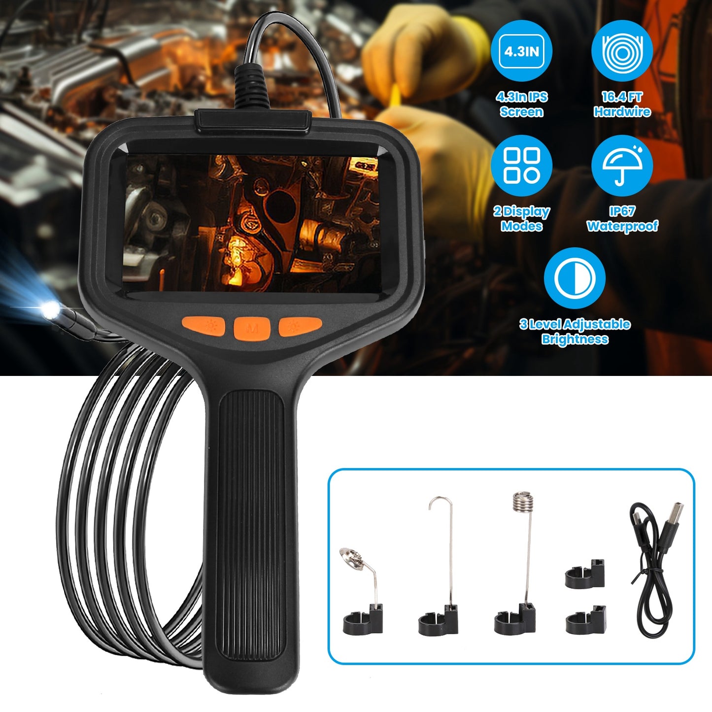 HD Inspection Camera with Light 4.3in Screen 16.4ft Waterproof Borescope for Plumbing & Automotive