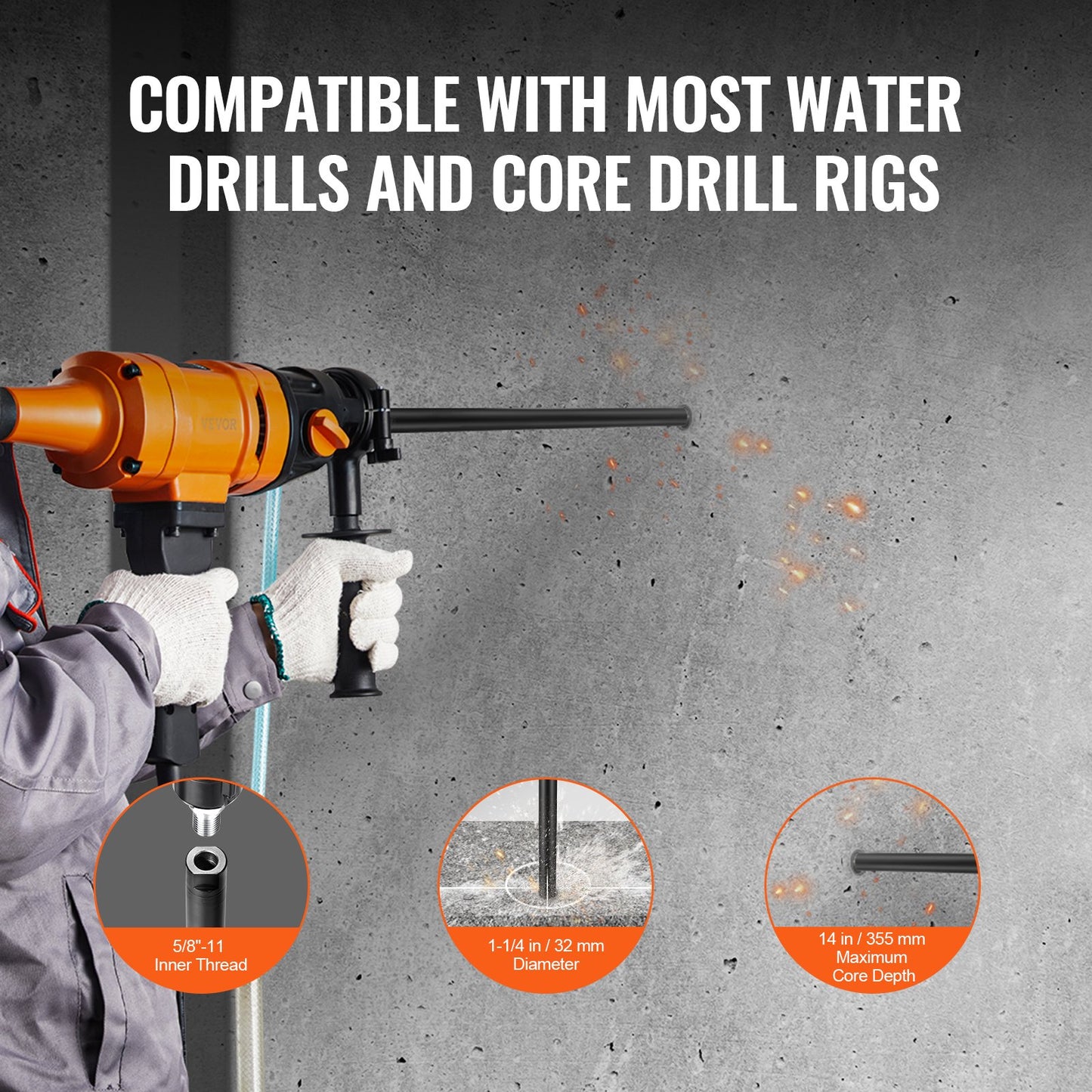Wet Diamond Core Drill Bit 1-1/4 Inch for Concrete and Masonry - 14 Inch Depth, Black