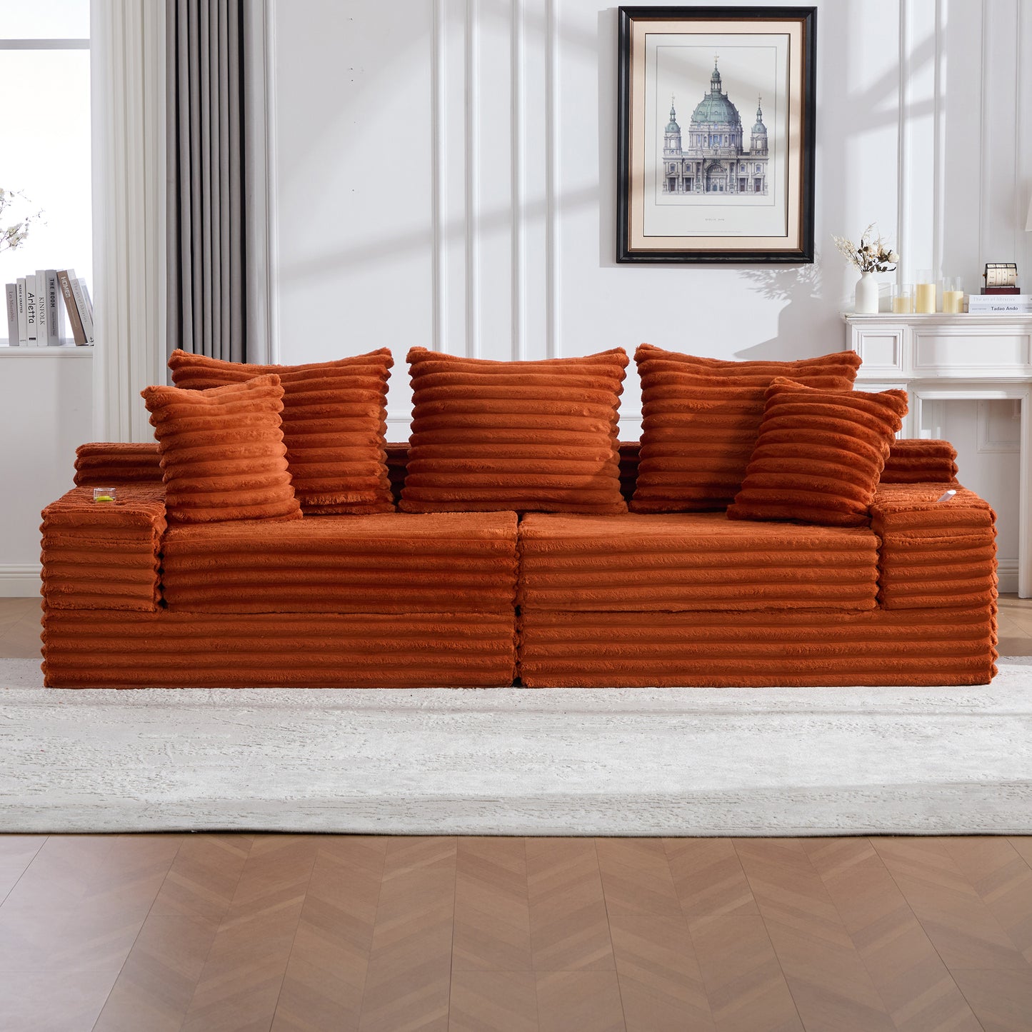 Oversized 4-Seat Sofa Bed with Cup Holder & Side Pockets - Orange