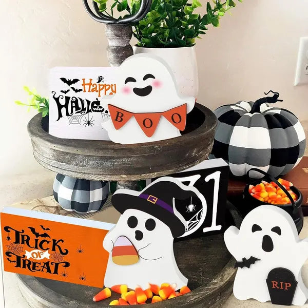 Cute Ghost Halloween Decorations Set - Wooden Signs for Tiered Tray