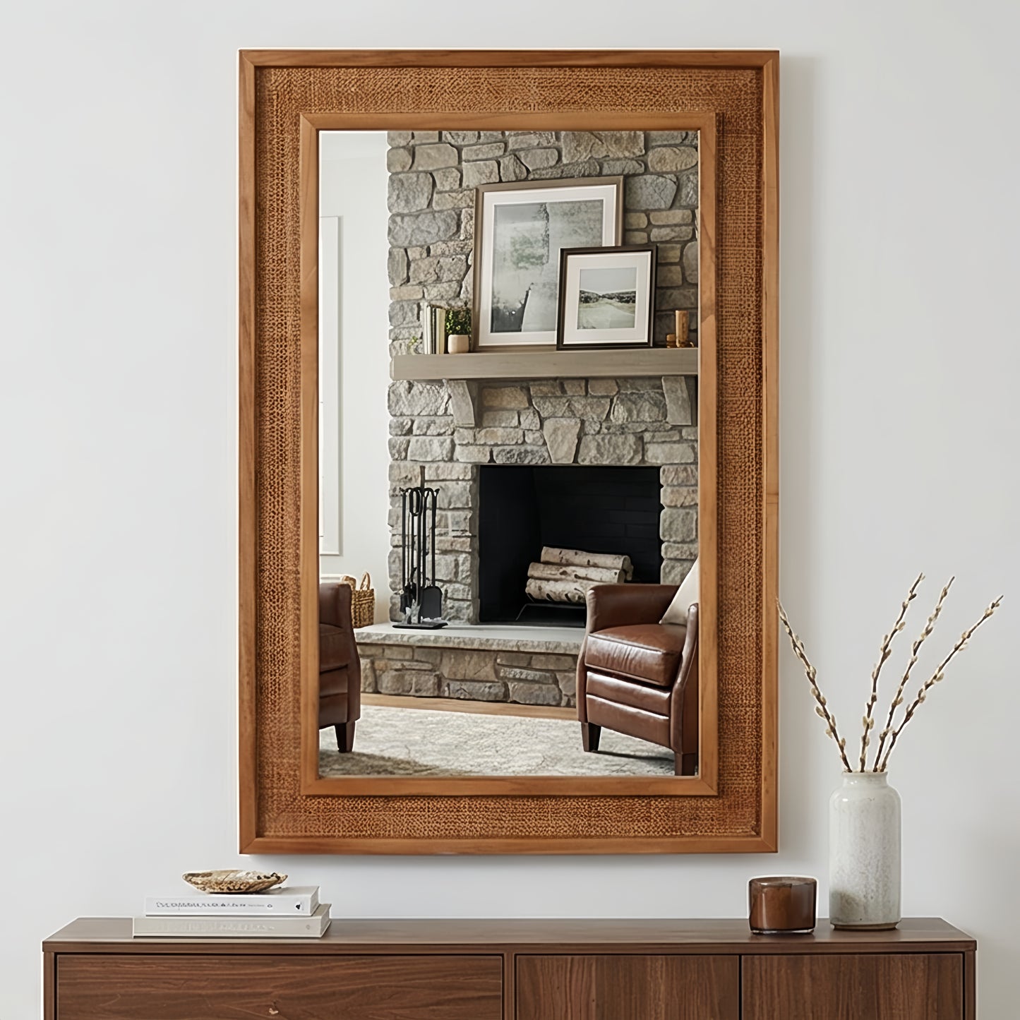 Rattan Rectangle Decorative Mirror - Yellowish Brown 24"x36"