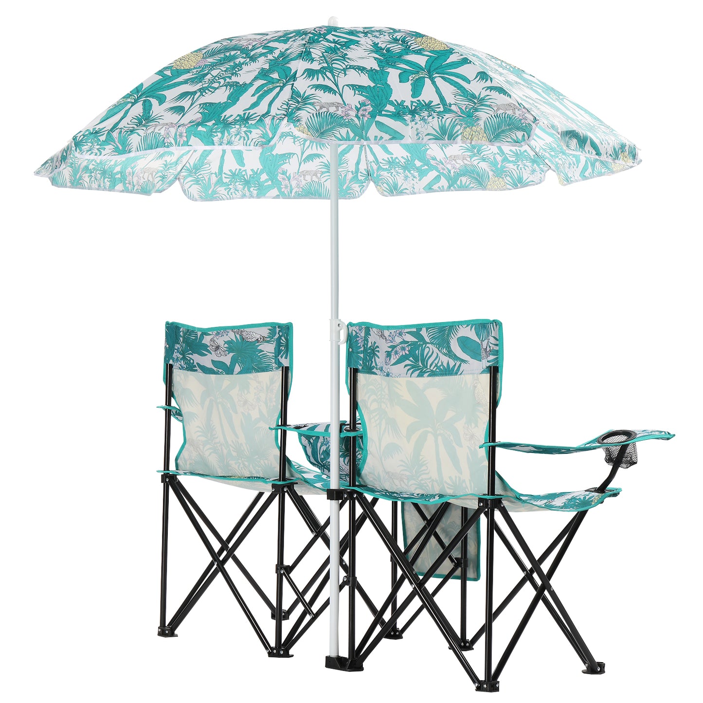 Folding Double Camping Chair with Removable Umbrella & Cup Holders