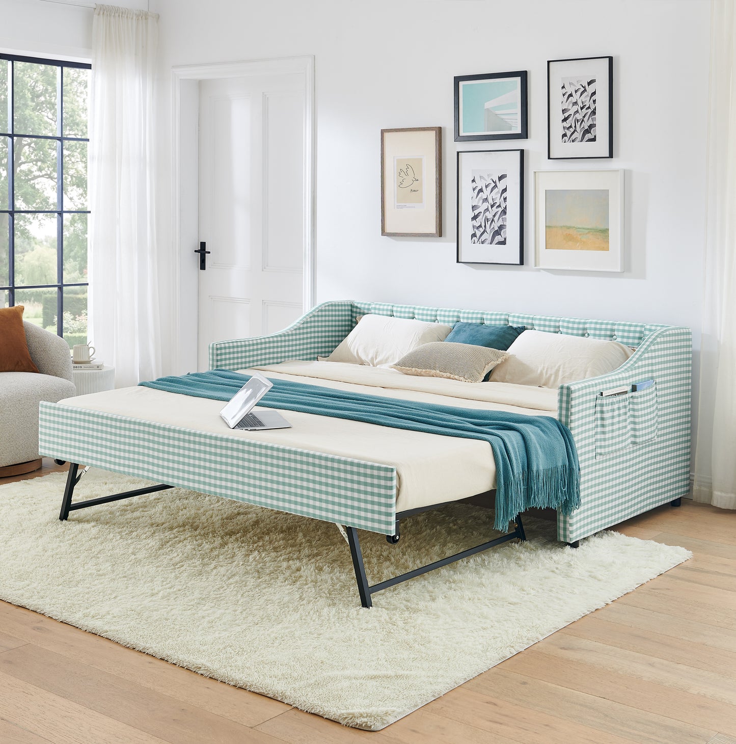 Twin Size Upholstered Daybed with Pull-Out Trundle & Storage - Cyan