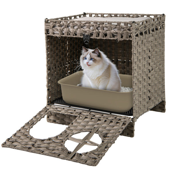 Gray Wicker Cat Condo with Litter Mat & Detachable Cushion - Hidden Enclosure