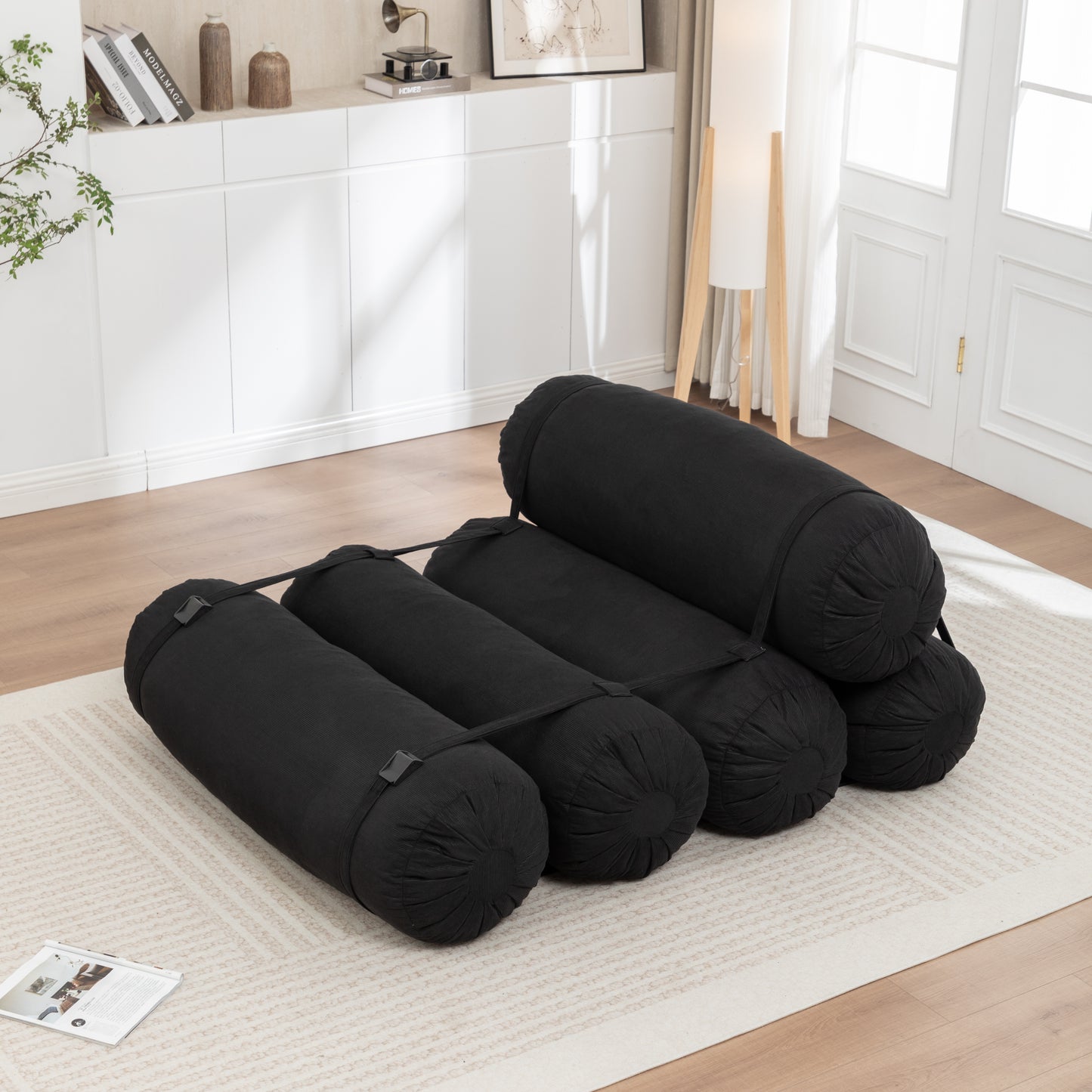 Adjustable Corduroy Floor Sofa - Black Multi-Person Leisure Chair