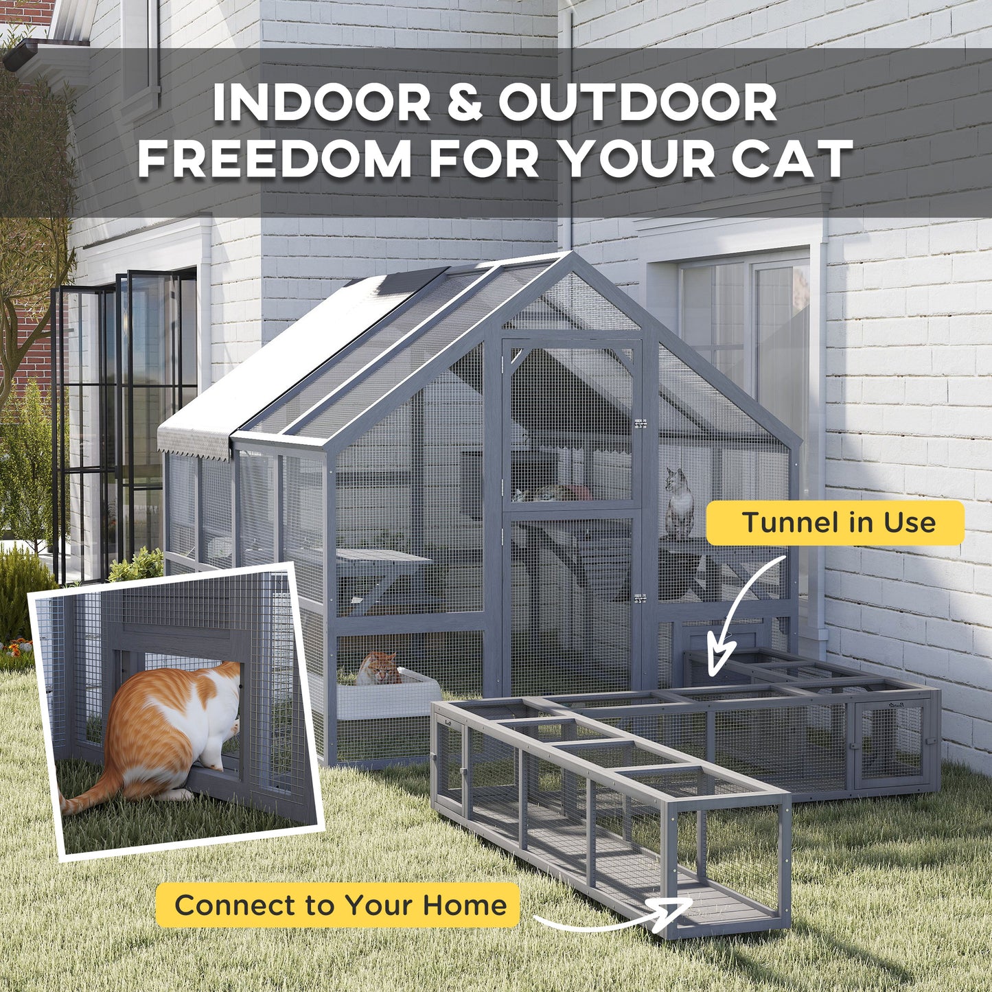 Outdoor Wooden Cat Enclosure with Waterproof Cover for 3-6 Cats