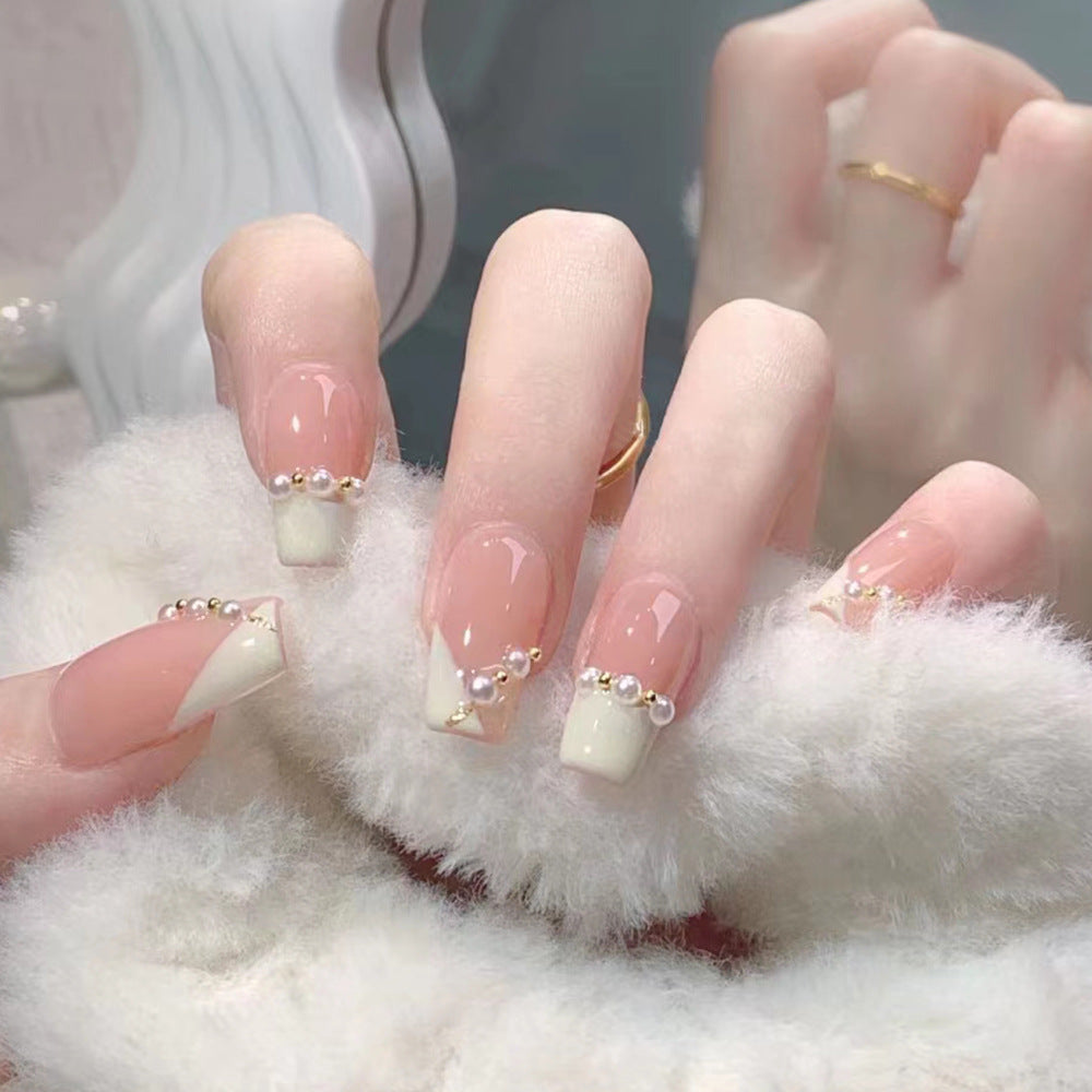 24-Piece Pink Coffin-Shaped French Artificial Nail Set with Pearl Design - Short Tips for Party & Daily Wear