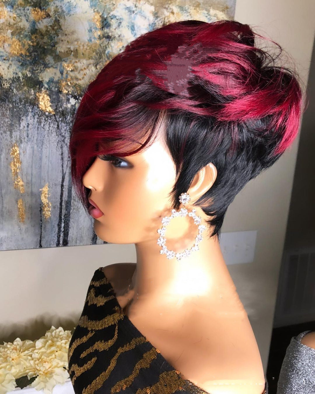 Dark Red Pixie Cut Human Hair Wig - Short Bob