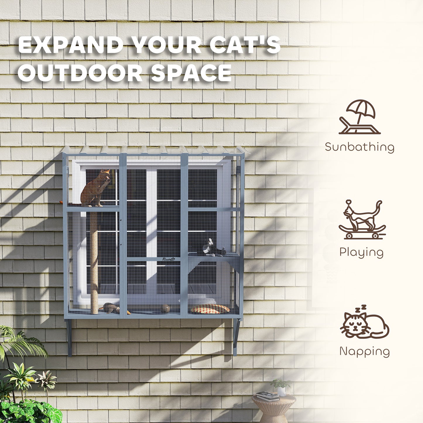 Outdoor Cat Enclosure for 2-3 Cats with Platforms & Scratching Post