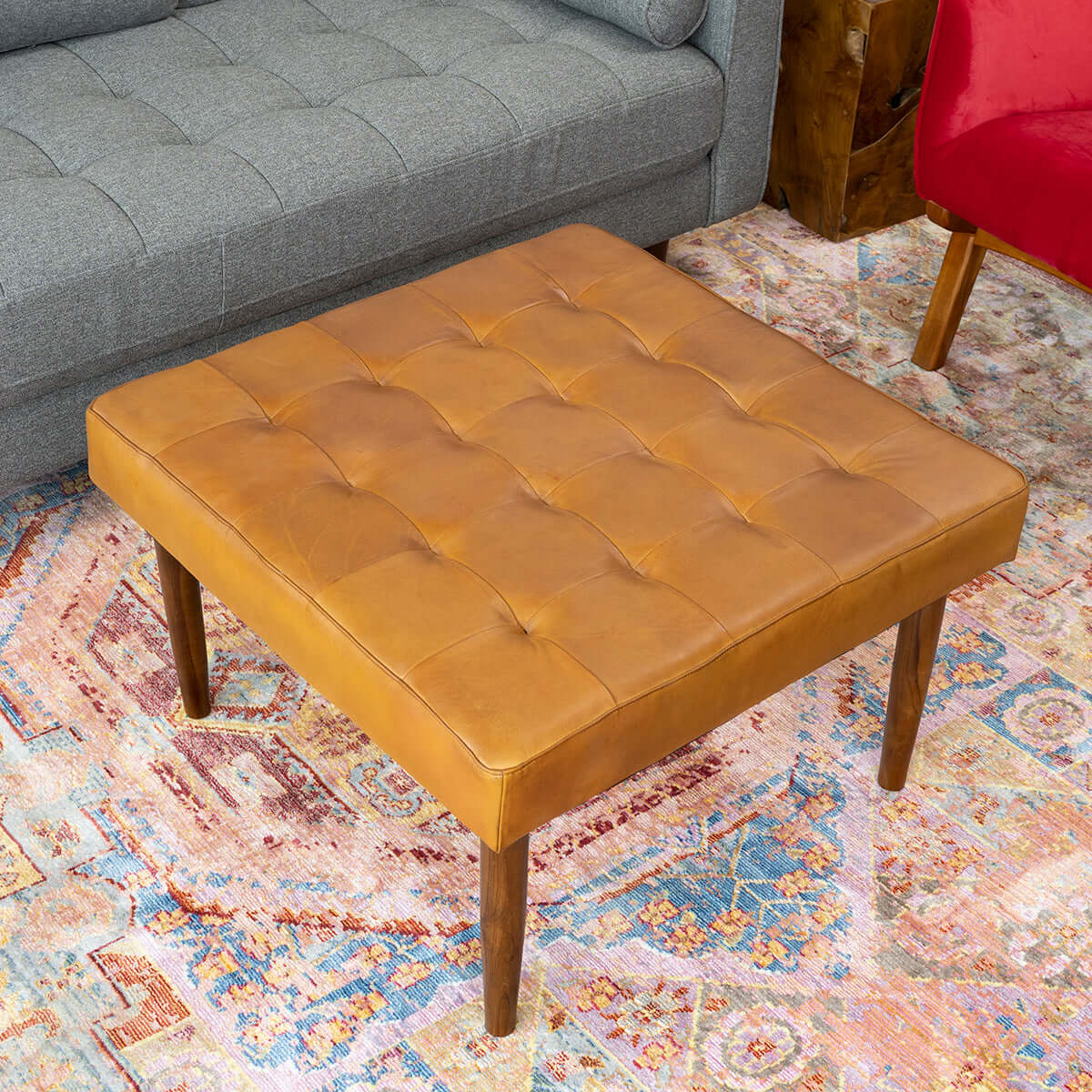 Mark Mid-Century Tufted Square Genuine Leather Upholstered Ottoman In