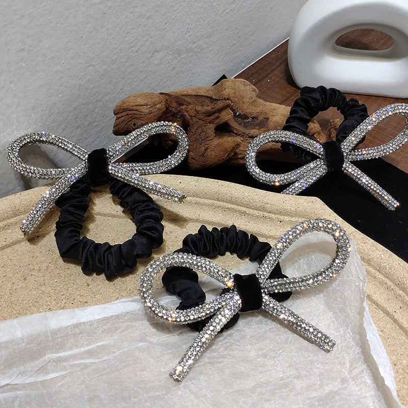 Shiny Diamond Bow Hair Tie - Silver