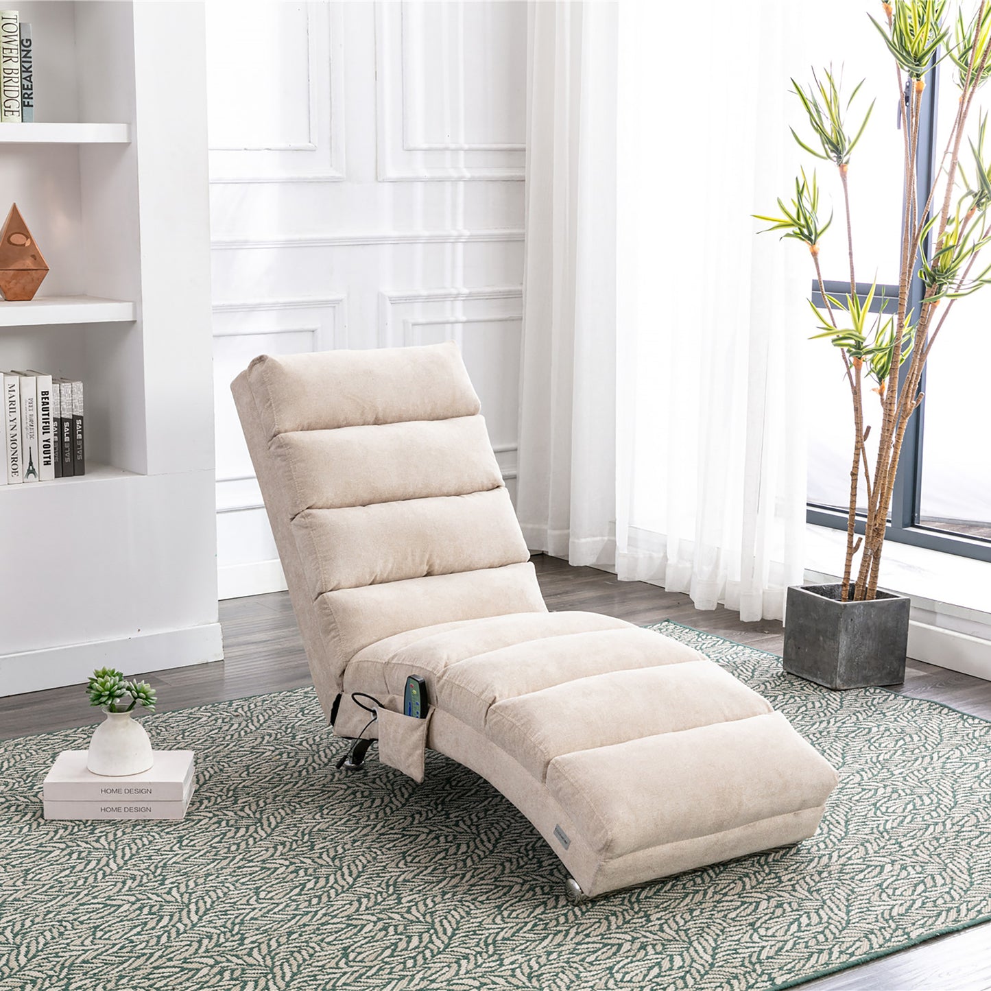 Luxury Upholstered Chaise Lounge Chair with Vibration - Beige