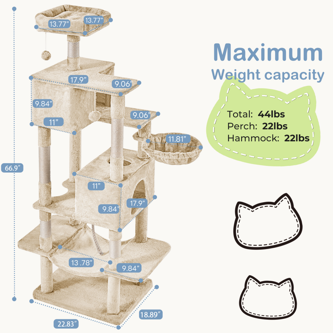 Large 66 Inch Multi-Level Cat Tree Tower with Condos & Hammock - Indoor Pet Furniture