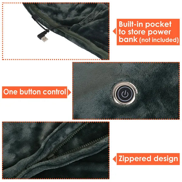 USB Heated Blanket Poncho Shawl Wrap - 59" x 31" - Black