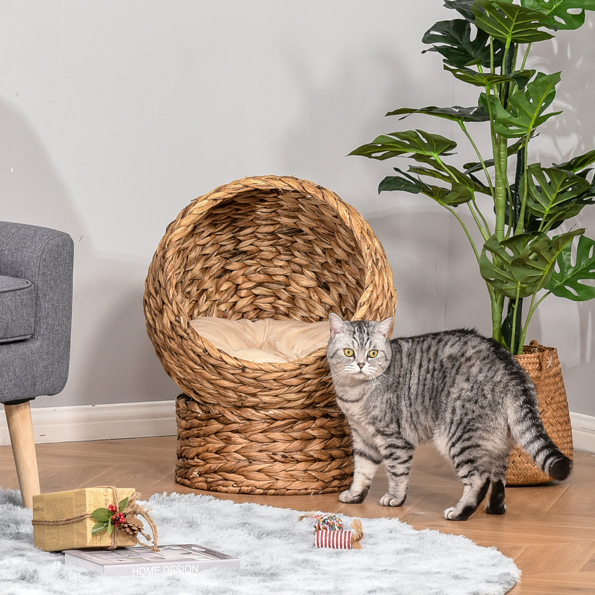 Elevated Cat Bed with Soft Cushion & Basket Shape - Indoor Wicker House, 23.5 Inches, Light Brown