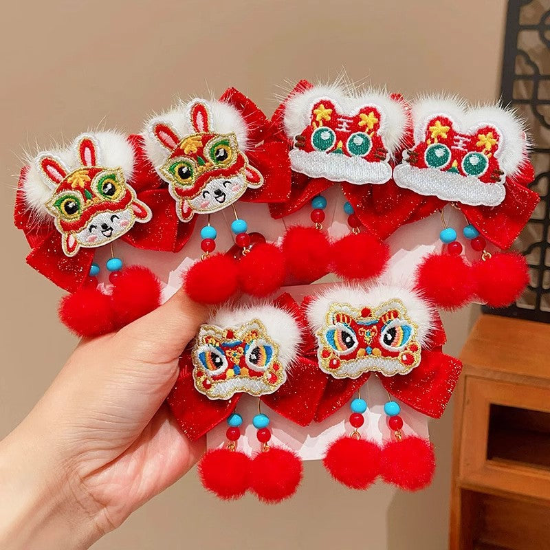 Chinese-Style Lion Dance Hair Clips for Kids - Handmade Pair