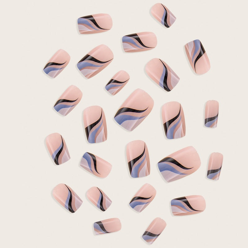 French Line Nail Tips with Water Ripple Design and Nail Stickers - 24 Pieces