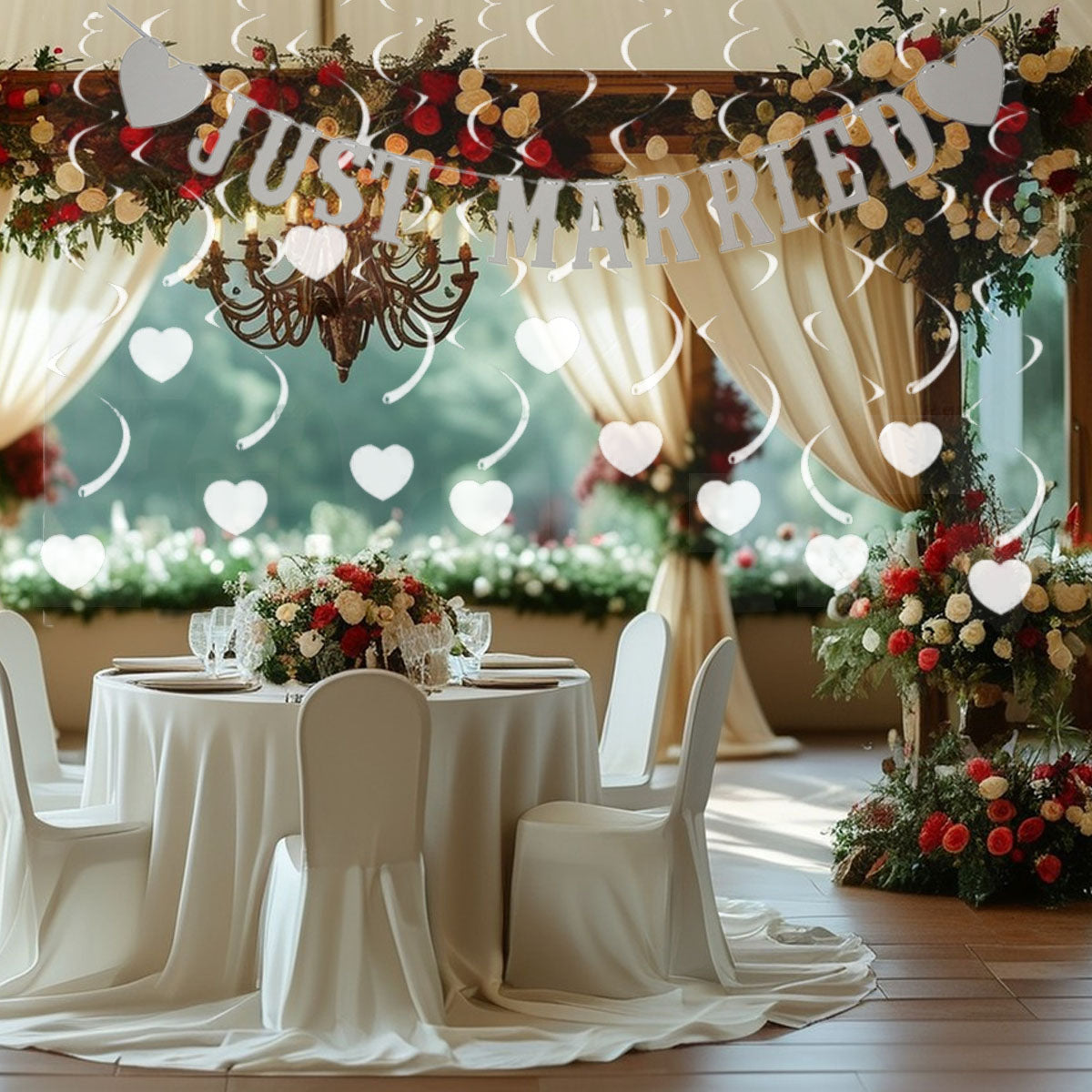 13-Piece Wedding Decoration Set with Just Married Banner & Swirls