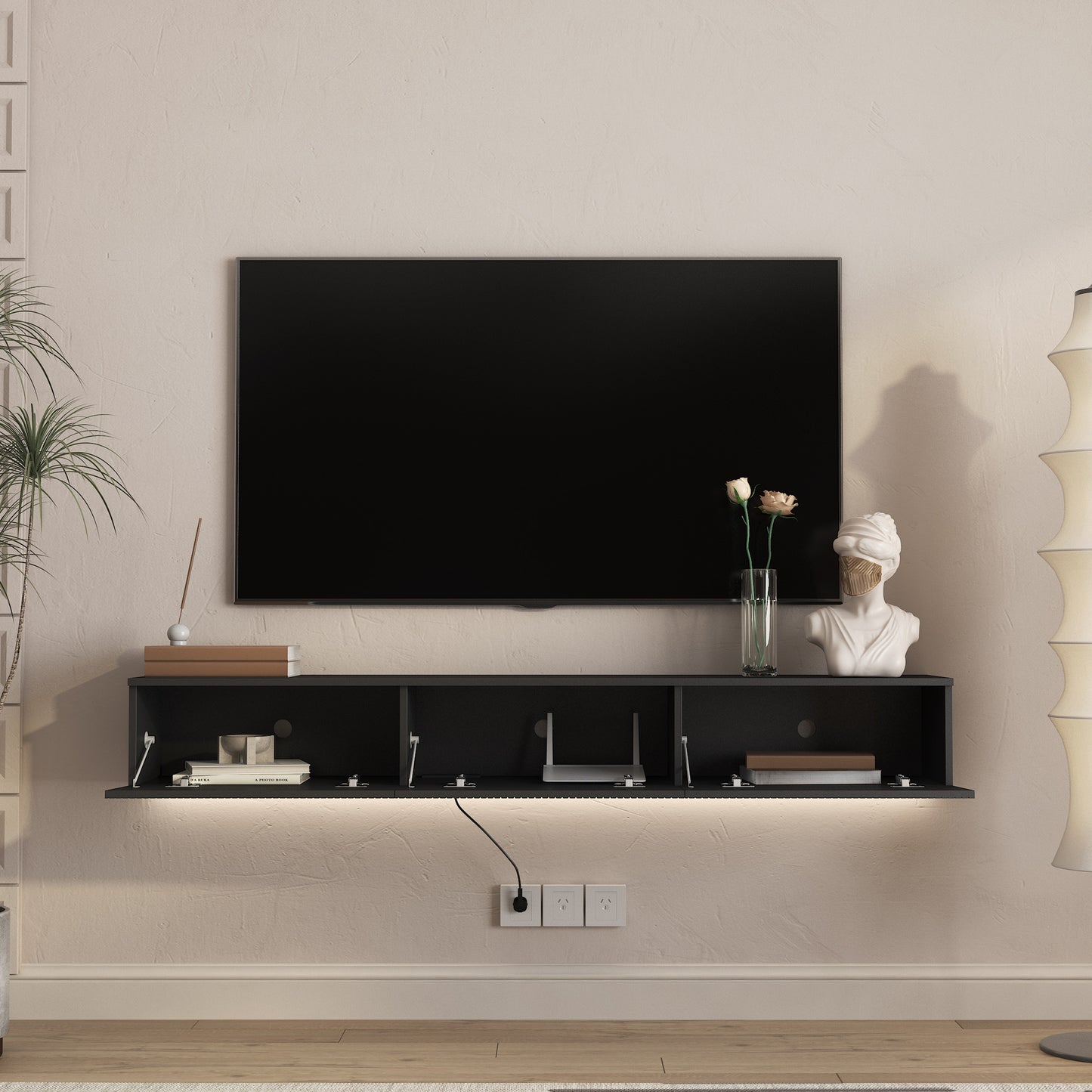 Floating TV Stand Wall Mounted with 16 Color LEDs - Black