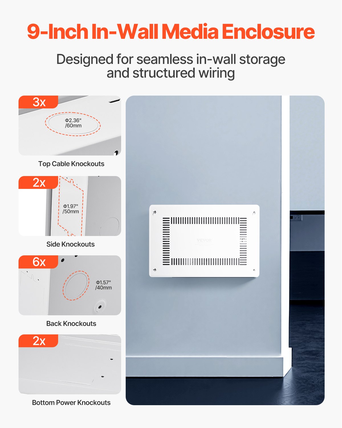9-Inch Recessed Wall Media Enclosure with Cover for Audio/Video Storage