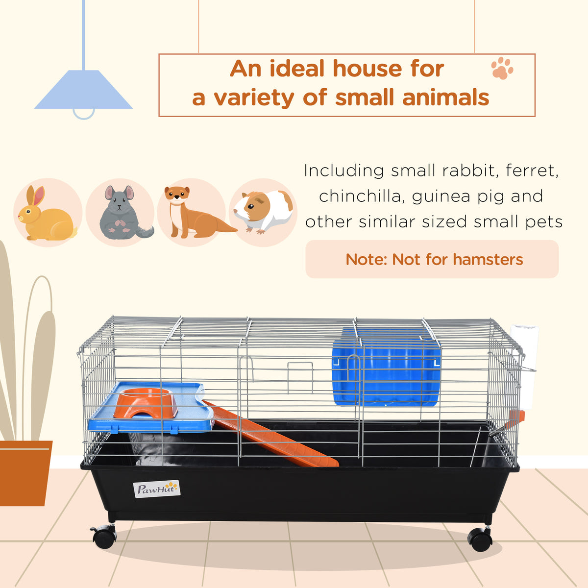 Small Animal Cage with Food Dish Water Bottle and Ramp - Black, 35 Inches