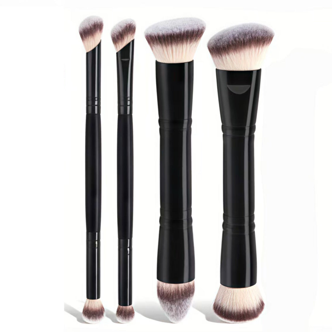 Double-Headed Makeup Brush Set - Black Handle, Multi-Color Hair, 4 Pieces