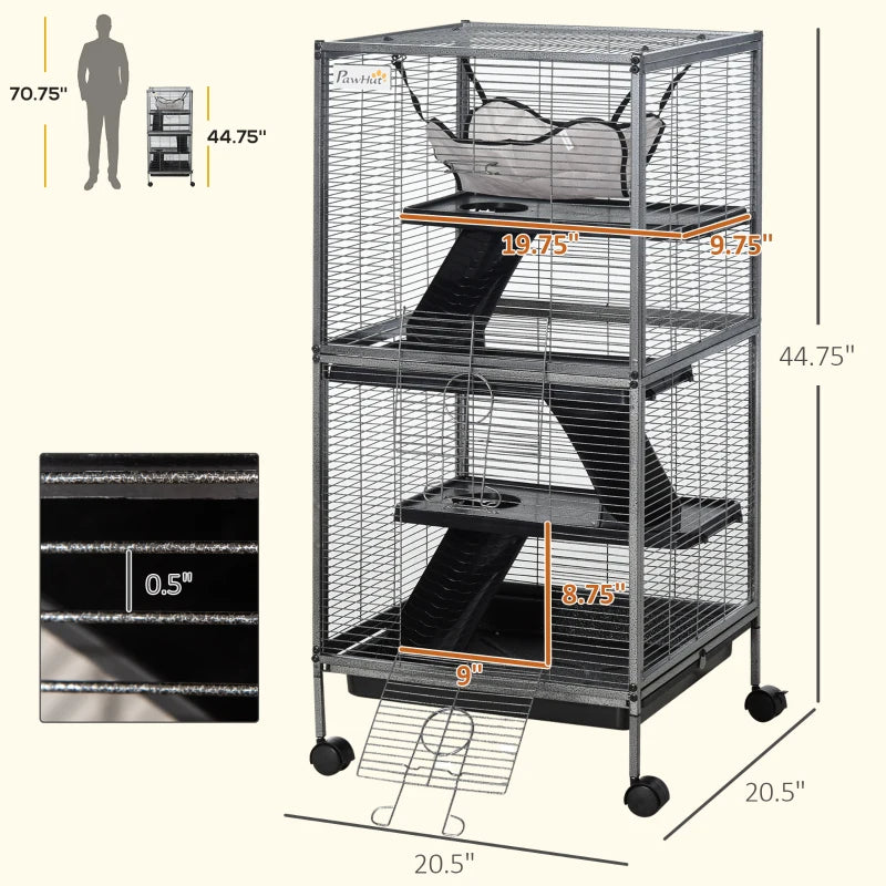 Small Animal Cage with Wheels, Multi-Tier Ferret and Chinchilla Habitat - Gray