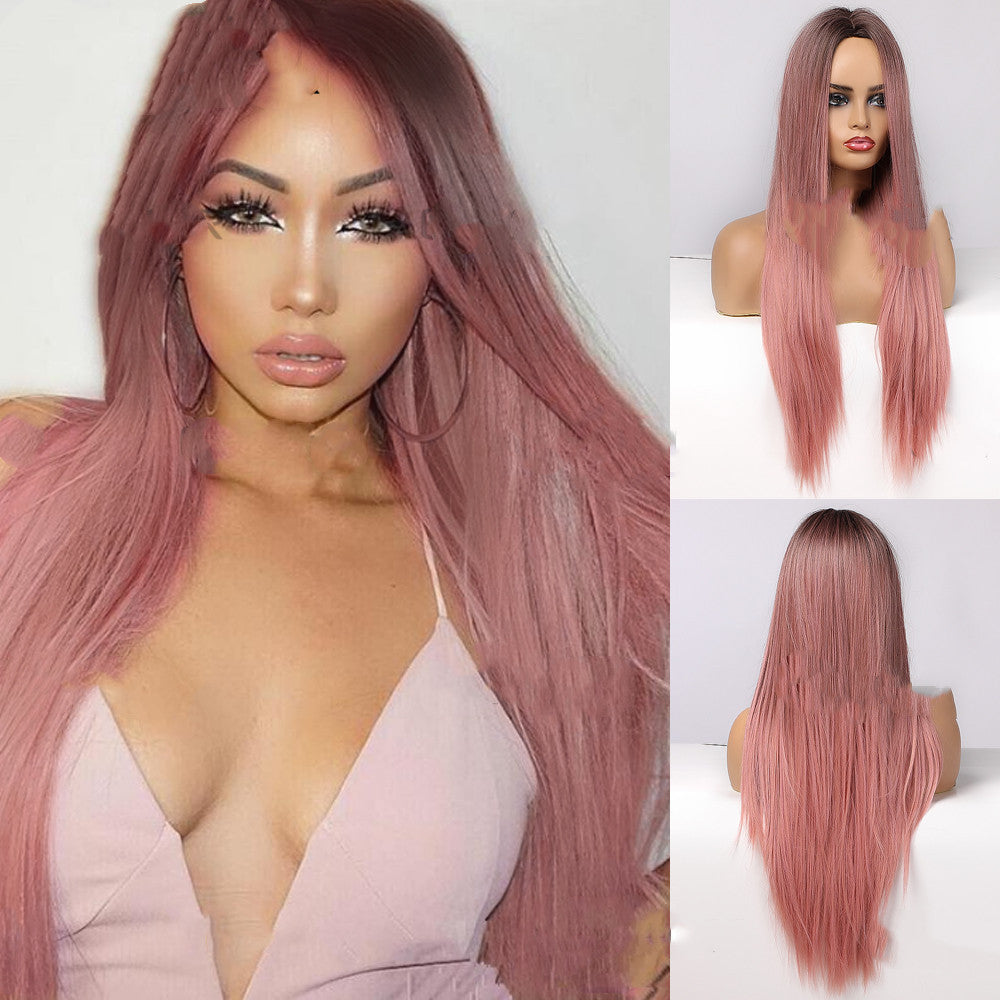 Long Curly Wig with Bangs - Gradient Pink Anime Hair Headgear for Cosplay & Daily Wear