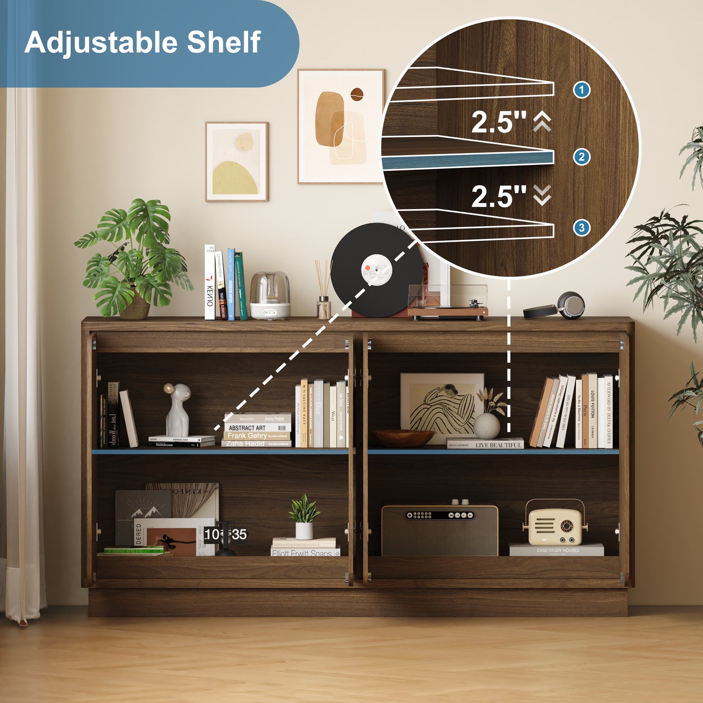 59.1" Walnut 4-Door Sideboard Buffet Cabinet with Adjustable Shelves