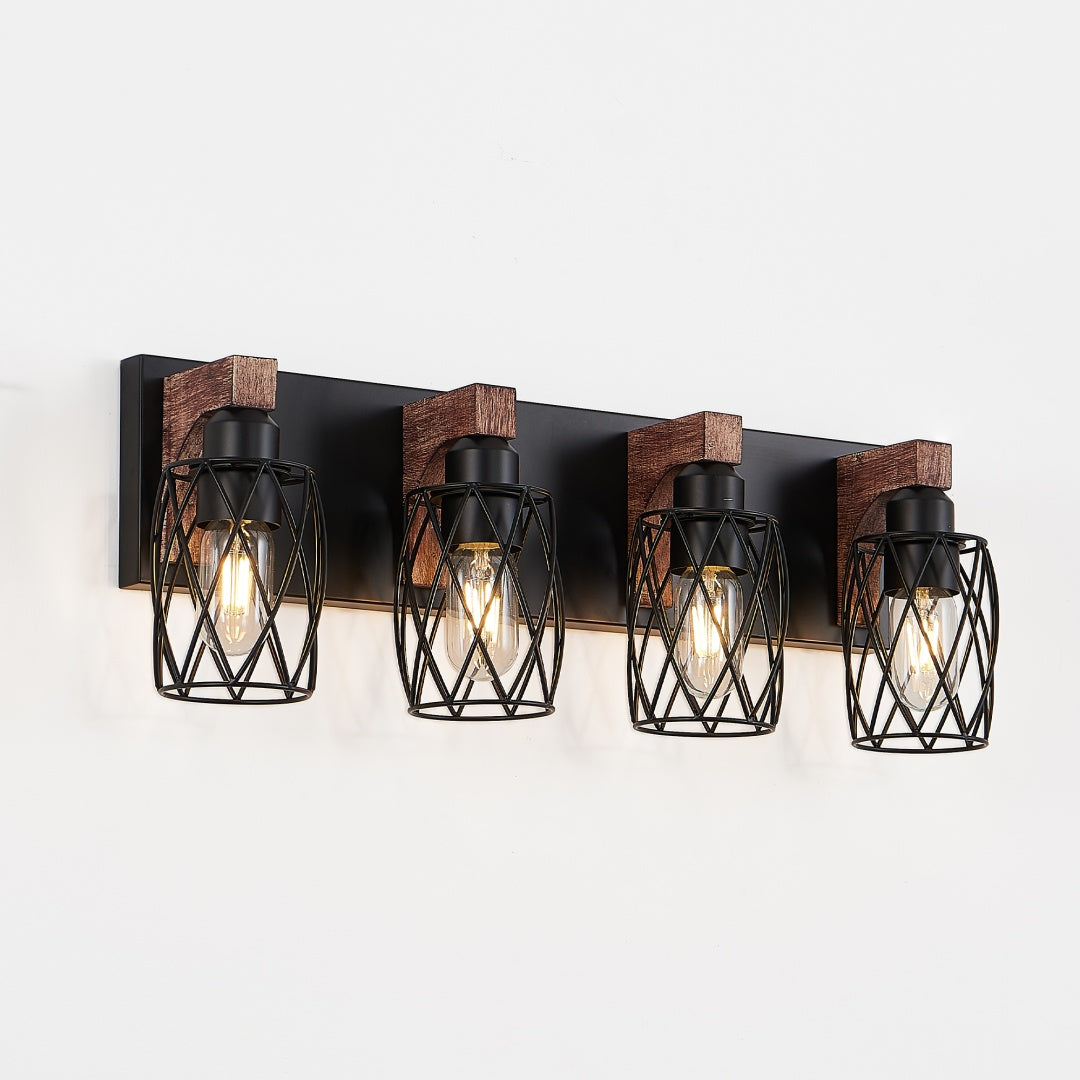 Industrial Vintage 4-Light Wall Sconce - Black Cage & Wood Accents