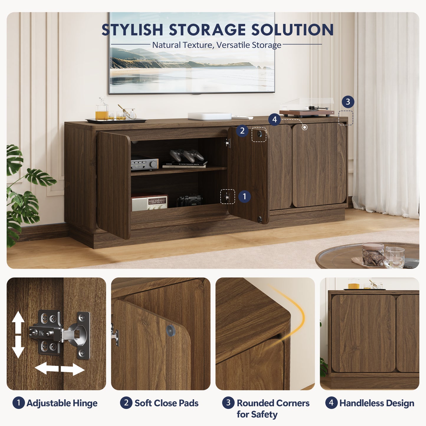 63 Inch Walnut TV Stand with 4 Storage Doors - Modern Media Console