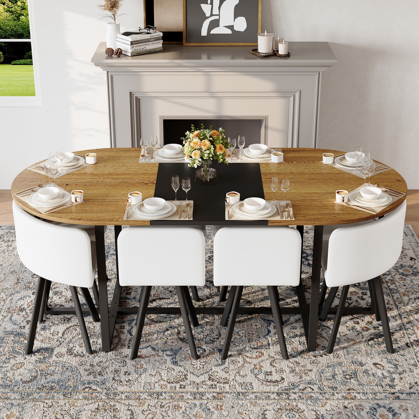 9-Piece Oval Dining Table Set with 8 White PU Leather Chairs