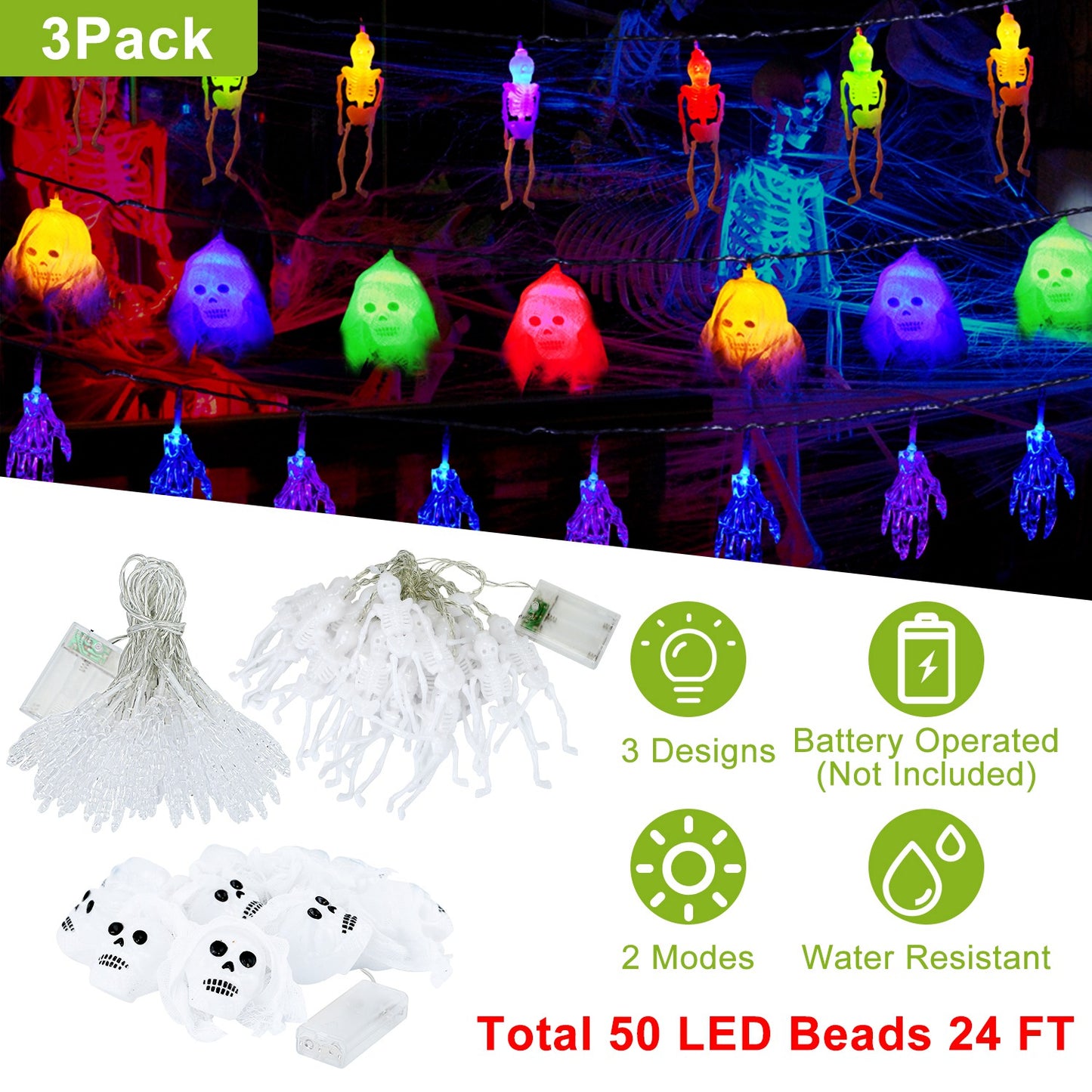 Halloween String Lights Set - 3 Styles, 50 LEDs, 24ft