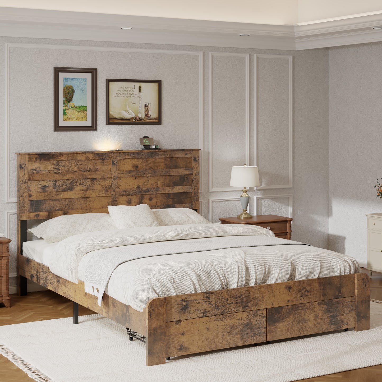 Queen Platform Bed Frame with LED Headboard, USB Charger & Drawers - Dark Brown