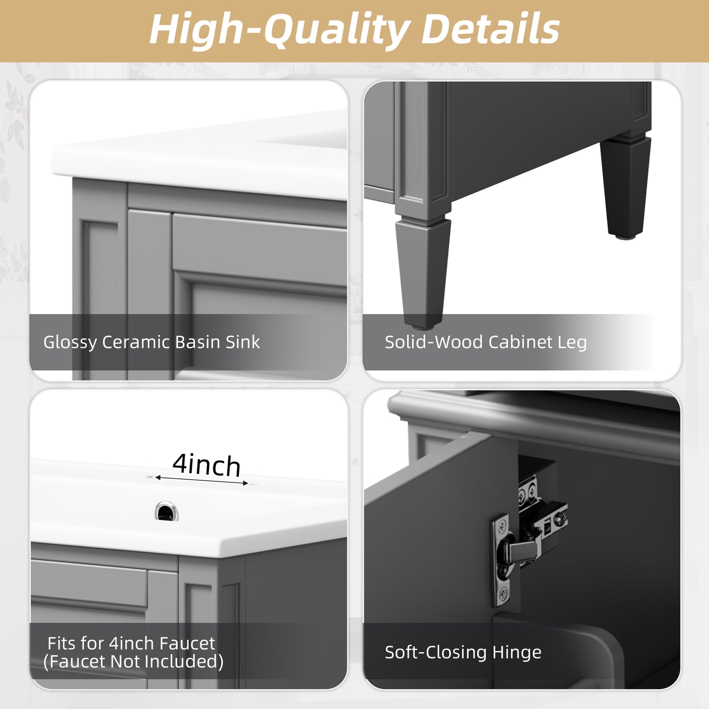 24-Inch Gray Bathroom Vanity with Soft-Closing Doors & Drawer