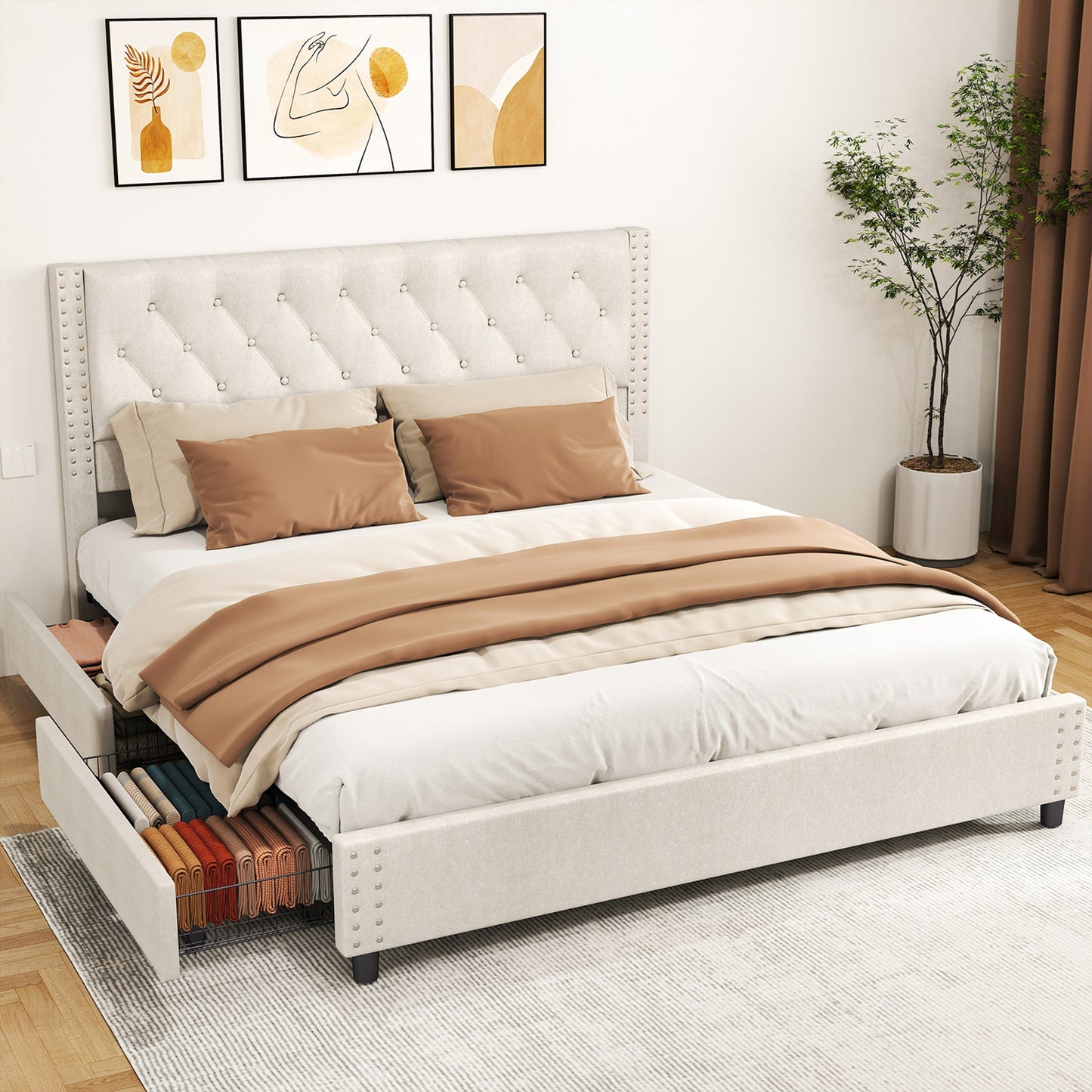 King Size Upholstered Bed Frame with Headboard & 4 Drawers