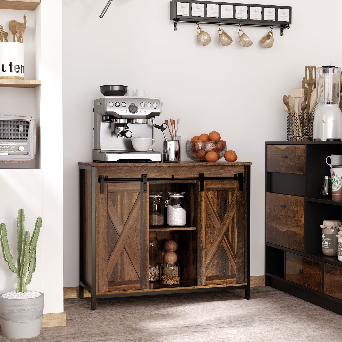 Rustic Brown Sideboard Buffet Cabinet with Sliding Doors