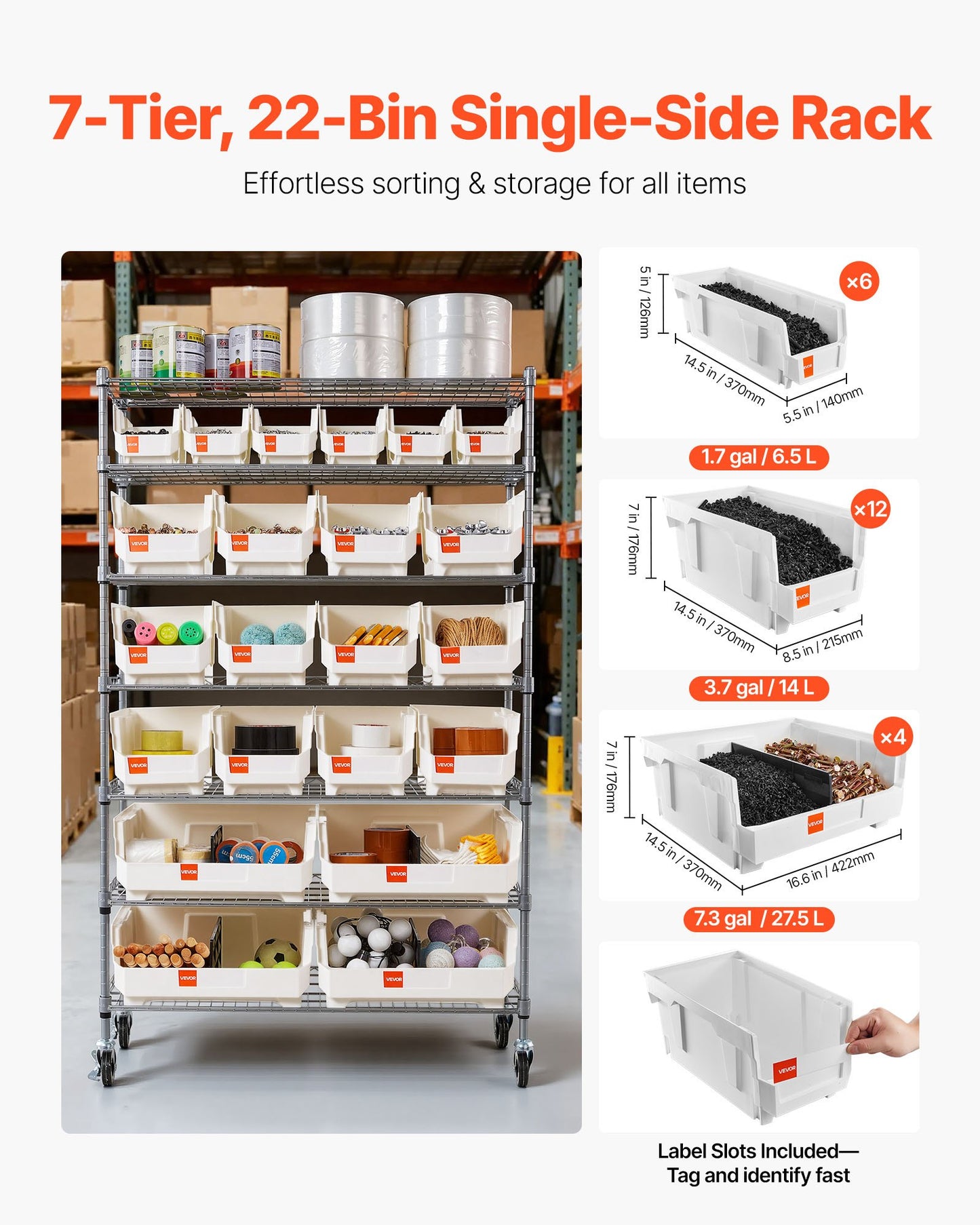 7-Tier Rolling Bin Storage Rack with 22 Bins - Mobile Steel Wire Shelving for Garage and Warehouse