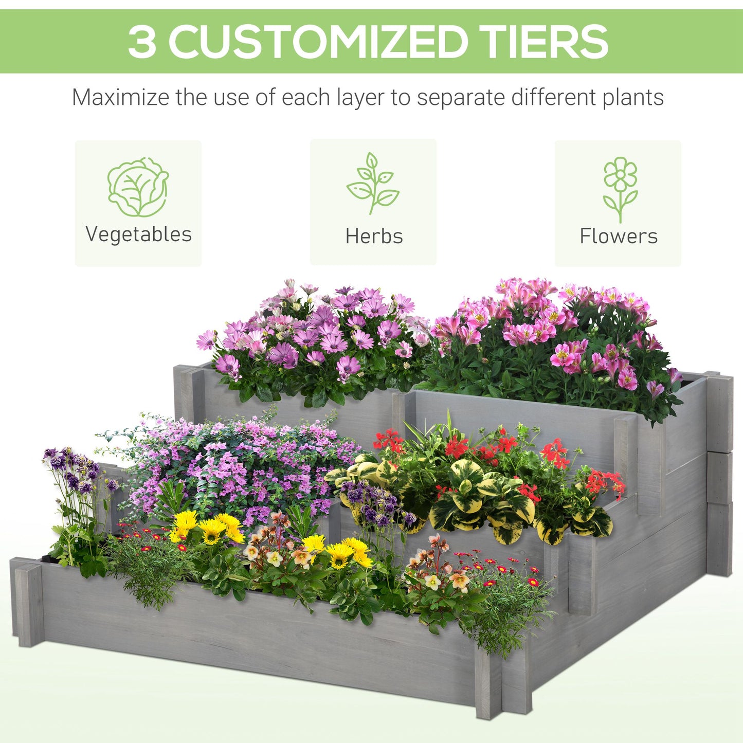 3-Tier Raised Garden Bed with Water Draining Fabric - Elevated Wooden Flower Planter for Vegetables & Herbs, Gray