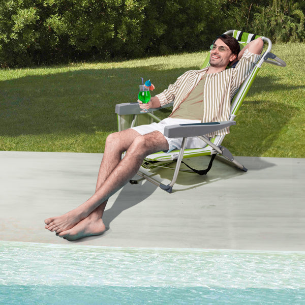 Lightweight Folding Beach Chair - Green Stripes, Adjustable Back