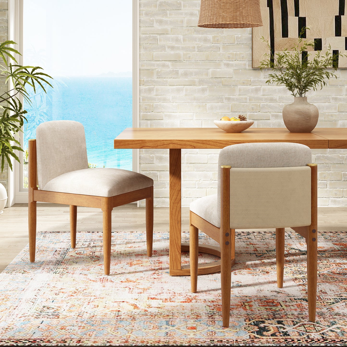 Modern Dining Chair Set of 2 with Woven Rope Backrest - Walnut