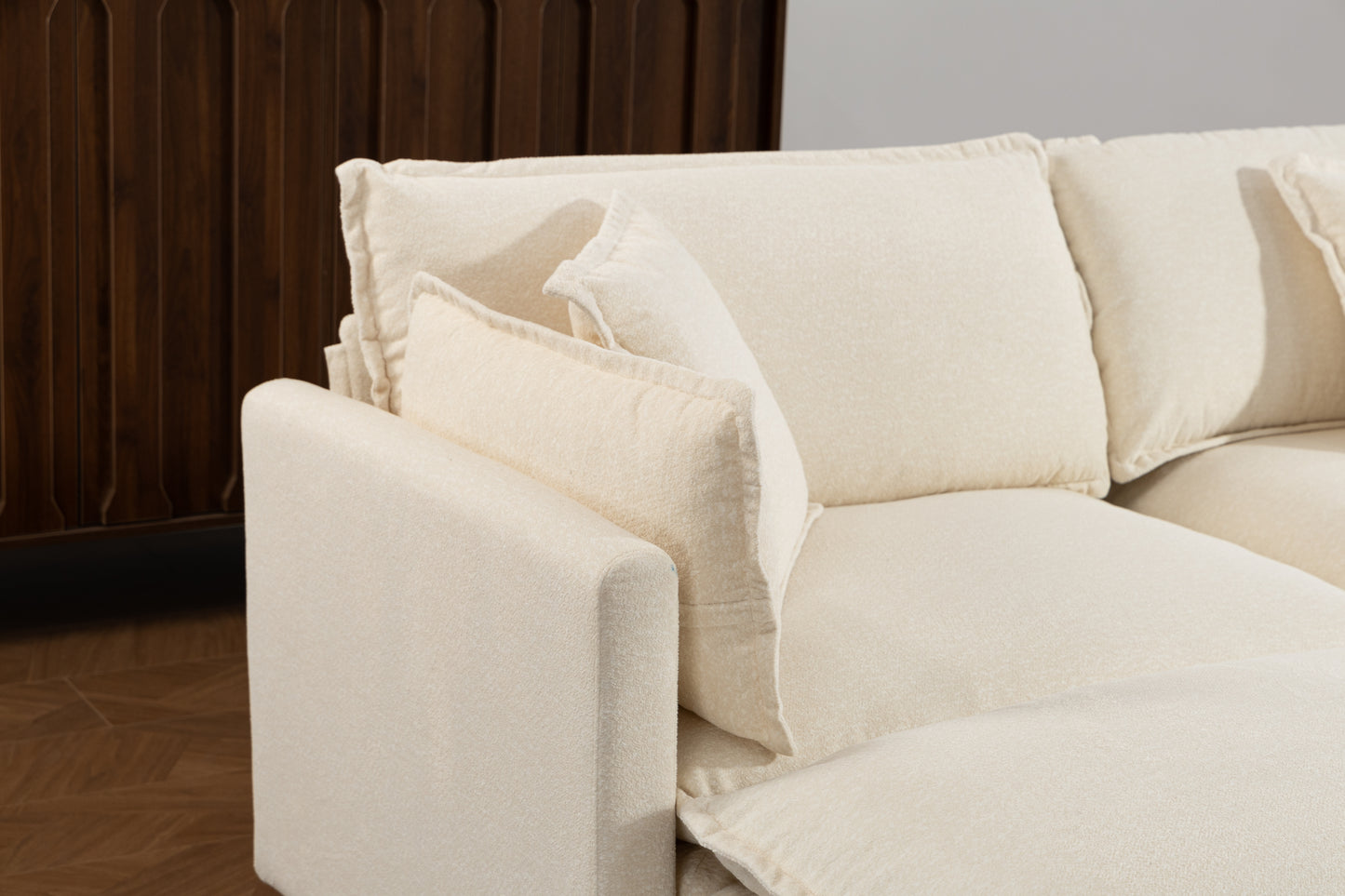 Antique White 4-Seat Sectional Sofa with Ottoman & Pillows