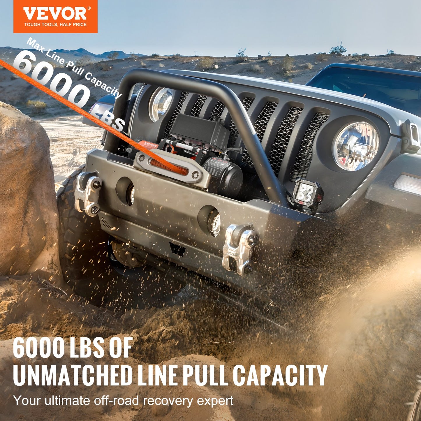 Electric Winch for Trucks 6000 Lb Synthetic Rope Waterproof Remote Control Black
