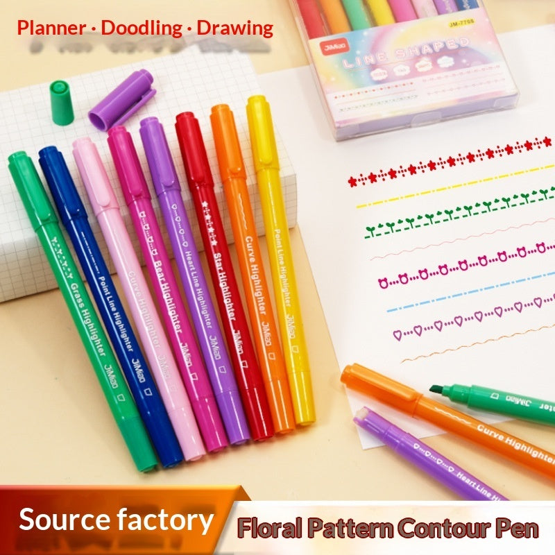 Double-Headed Rollerball Pen Set with Floral Pattern - 8 Colors Refill