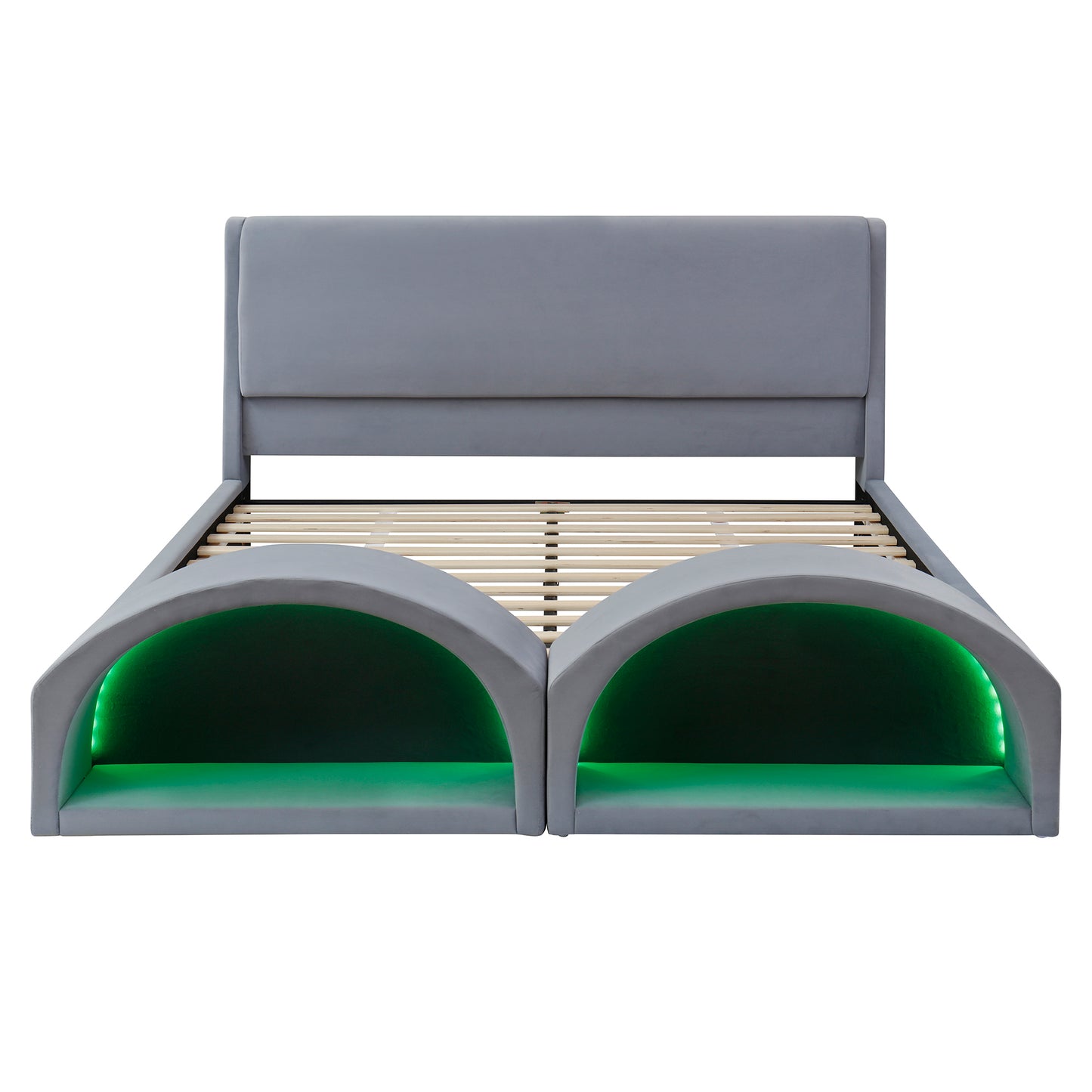 Queen Size Upholstered Platform Bed Frame with Dual Cat Caves & LED Pet Nests - Gray
