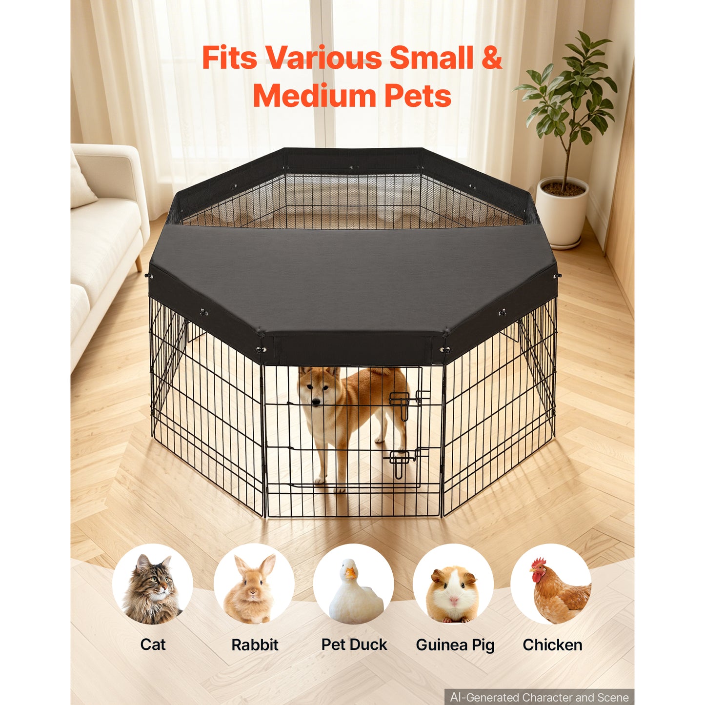 Foldable Dog Playpen 30 Inch with Top Cover - Indoor Metal Exercise Pen with Door, Heavy Duty Pet Fence for Dogs, Cats & Small Animals, Black