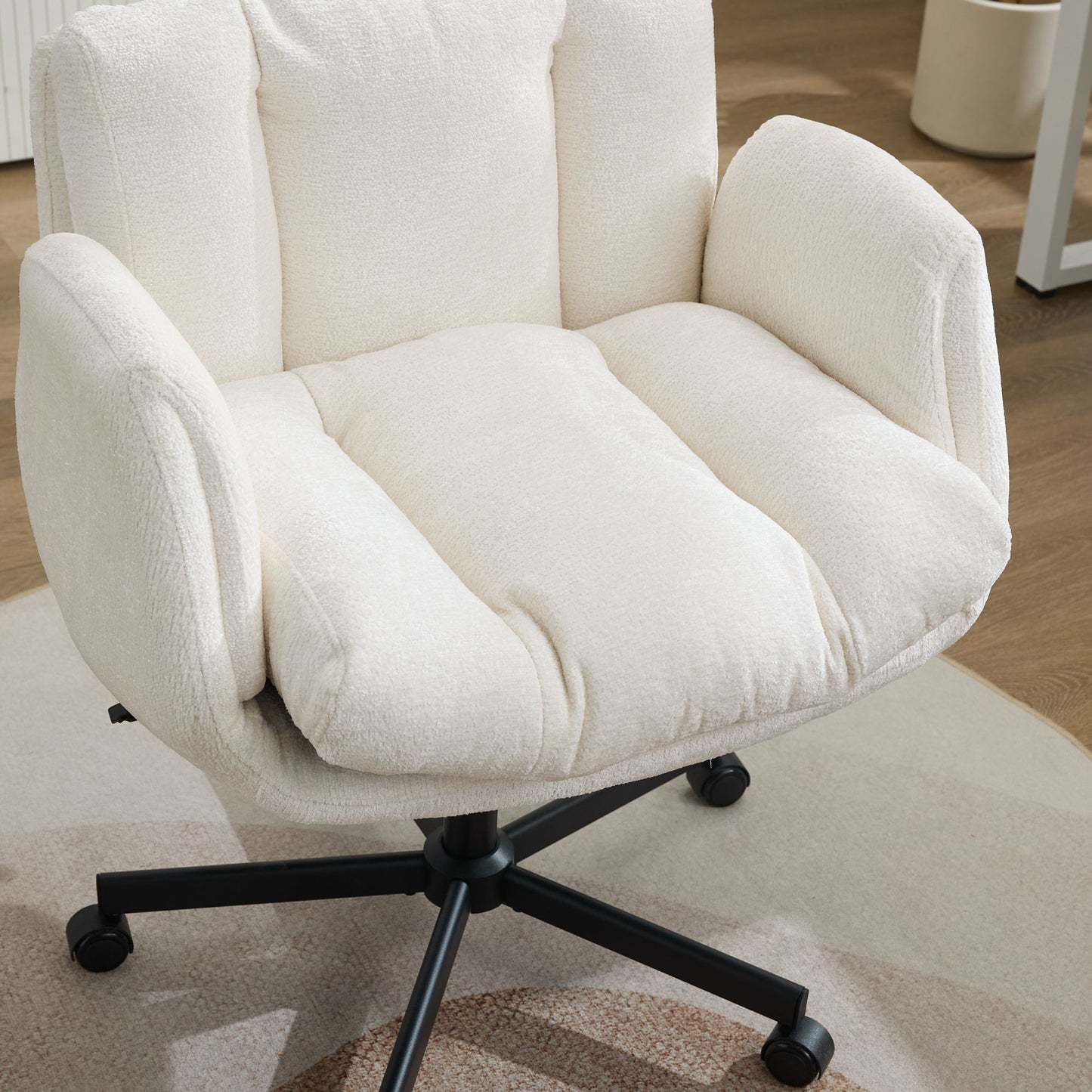 Chenille Swivel Office Chair - Height Adjustable with Armrests - Beige