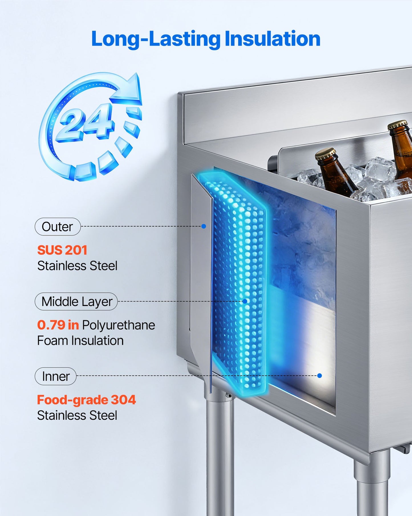 Commercial Ice Bin 65.1 Qt Stainless Steel Cooler with Sliding Lid & Bottle Holders