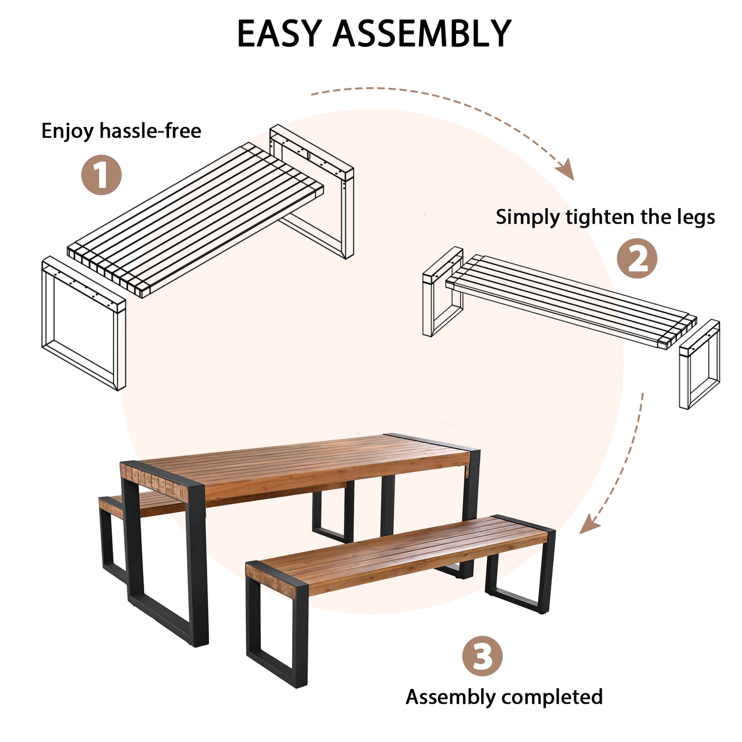 GO 3-pieces Outdoor Dining Table With 2 Benches, Patio Set Unique Top