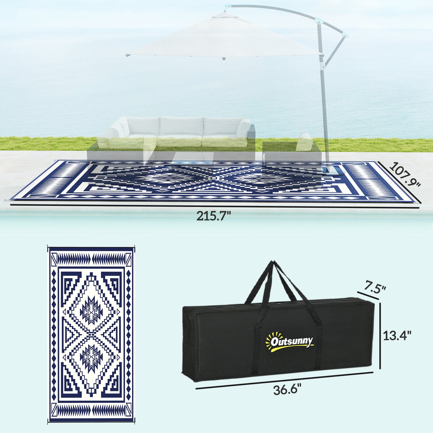 Reversible Outdoor Rug - Waterproof Blue & White Patchwork, 9' x 18' with Carry Bag